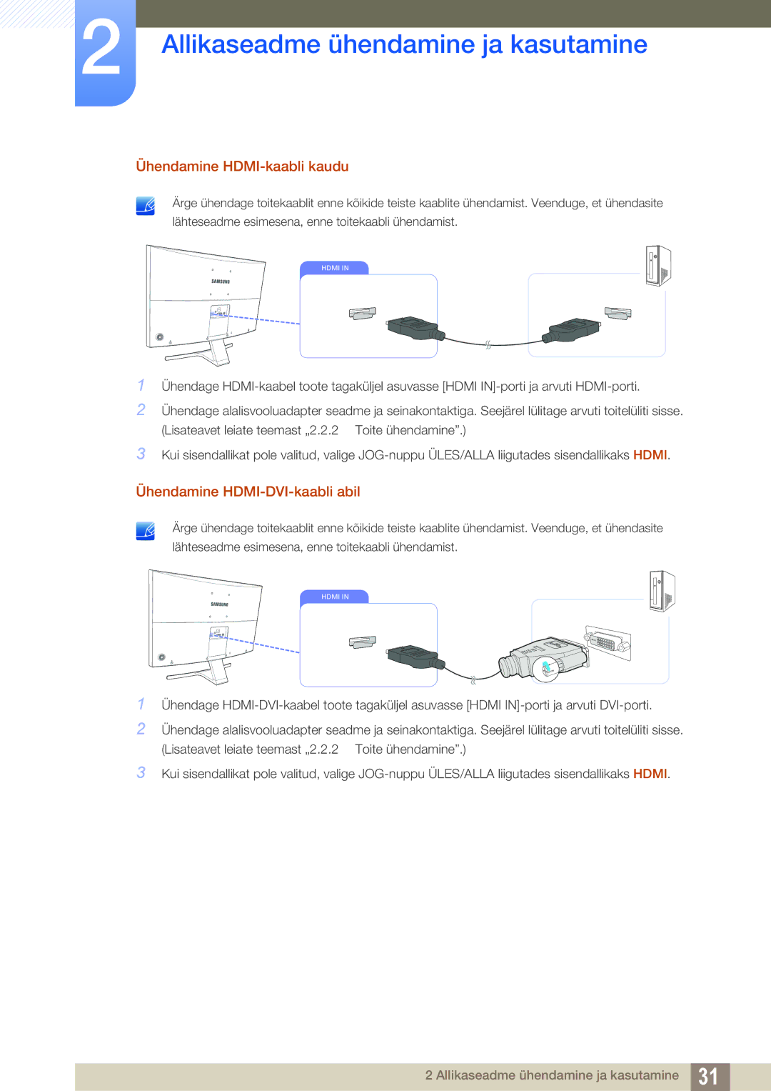 Samsung LS27E510CS/EN manual Ühendamine HDMI-kaabli kaudu, Ühendamine HDMI-DVI-kaabli abil 