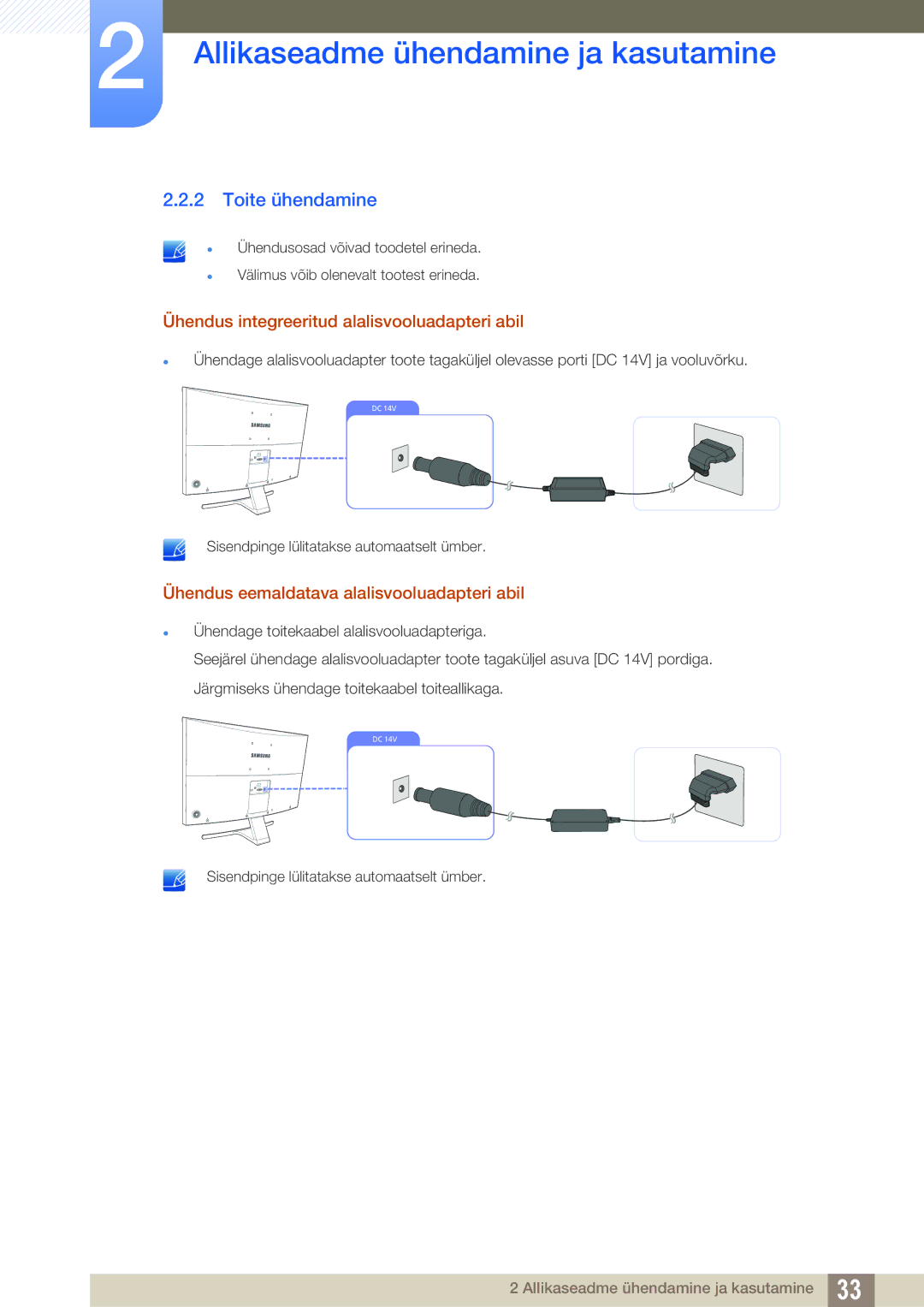 Samsung LS27E510CS/EN manual Toite ühendamine, Ühendus integreeritud alalisvooluadapteri abil 