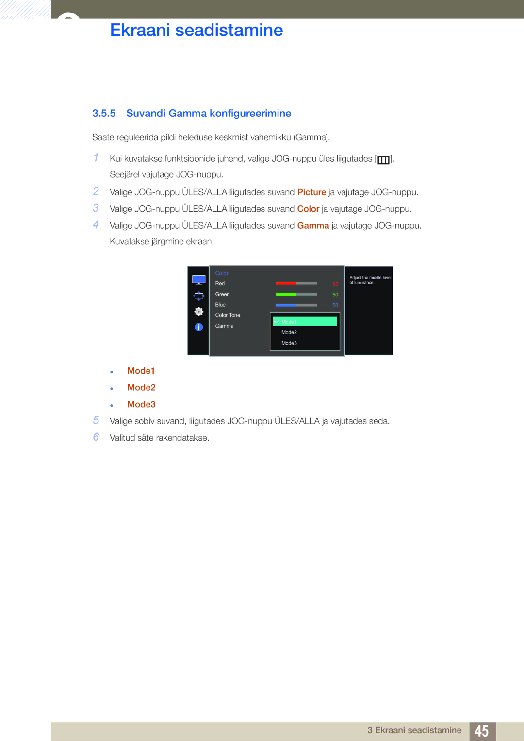 Samsung LS27E510CS/EN manual Suvandi Gamma konfigureerimine,  Mode1  Mode2  Mode3 