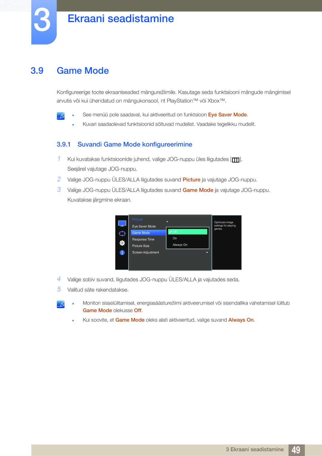 Samsung LS27E510CS/EN manual Suvandi Game Mode konfigureerimine 