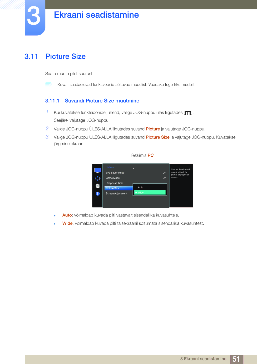 Samsung LS27E510CS/EN manual Suvandi Picture Size muutmine 