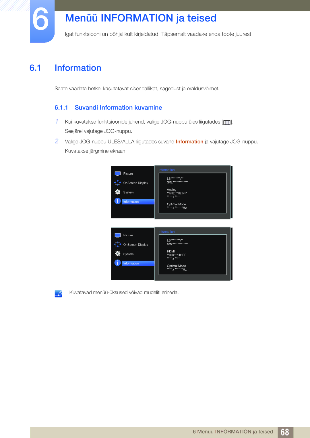 Samsung LS27E510CS/EN manual Menüü Information ja teised, Suvandi Information kuvamine 