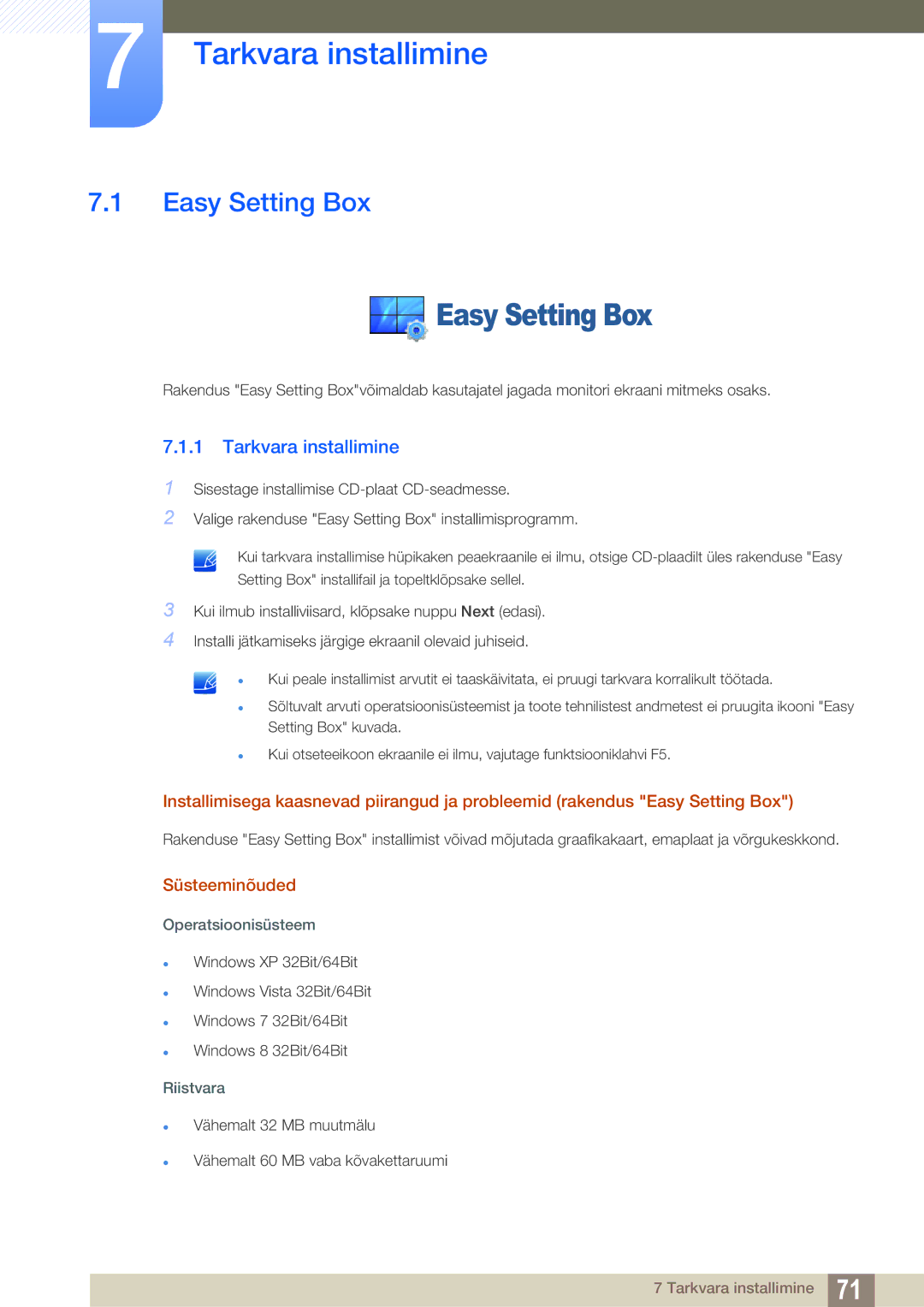 Samsung LS27E510CS/EN manual Tarkvara installimine, Easy Setting Box, Süsteeminõuded 