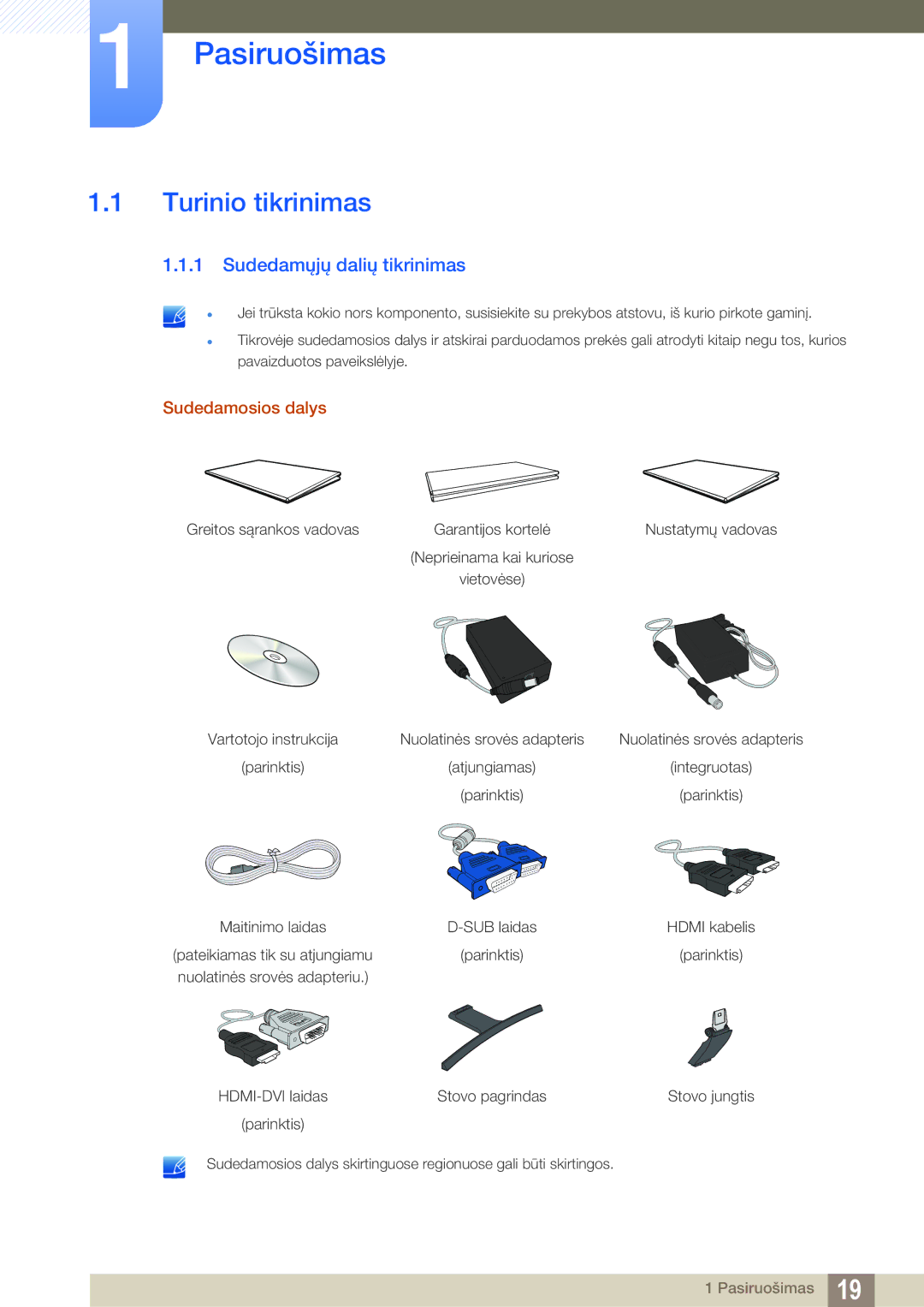 Samsung LS27E510CS/EN manual Pasiruošimas, Turinio tikrinimas, Sudedamųjų dalių tikrinimas, Sudedamosios dalys 