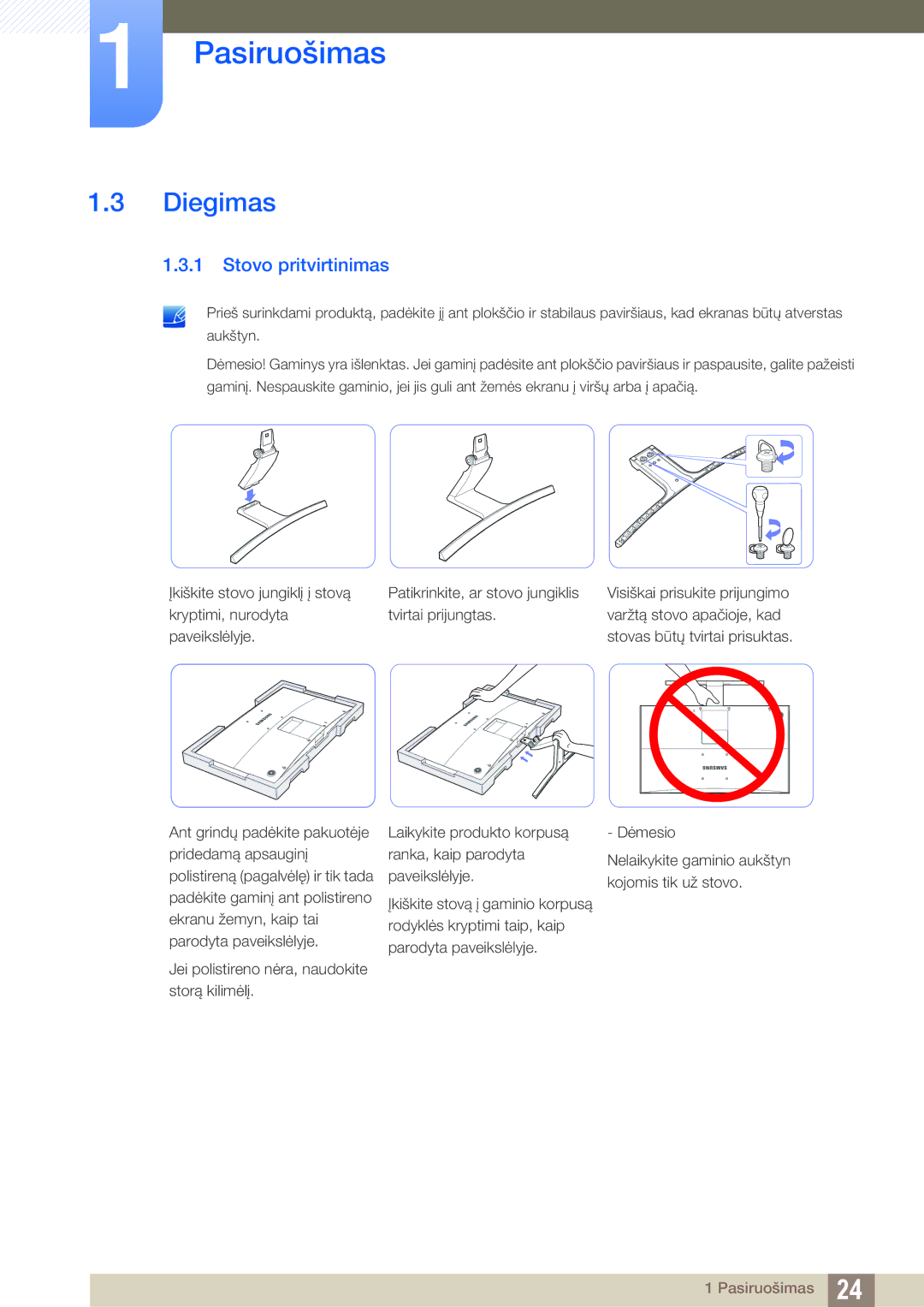 Samsung LS27E510CS/EN manual Diegimas, Stovo pritvirtinimas 