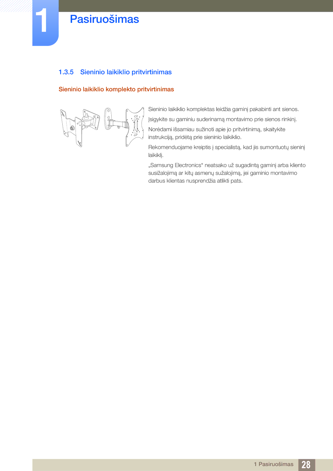 Samsung LS27E510CS/EN manual Sieninio laikiklio pritvirtinimas, Sieninio laikiklio komplekto pritvirtinimas 