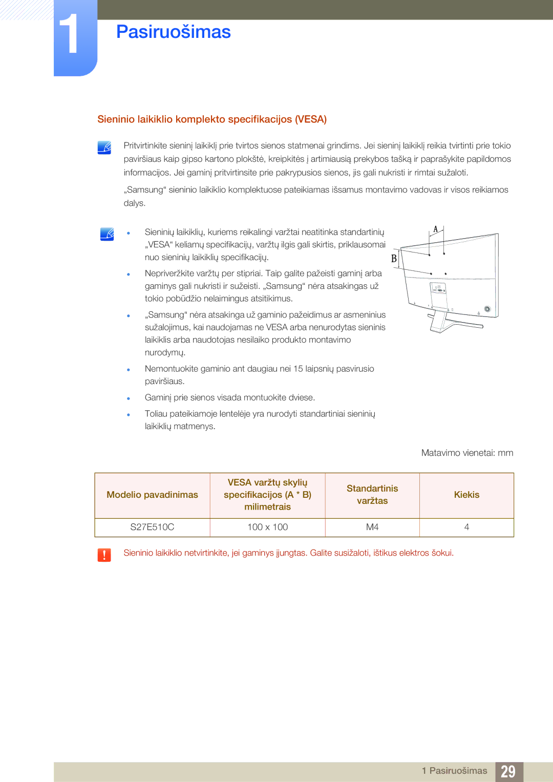 Samsung LS27E510CS/EN manual Sieninio laikiklio komplekto specifikacijos Vesa 