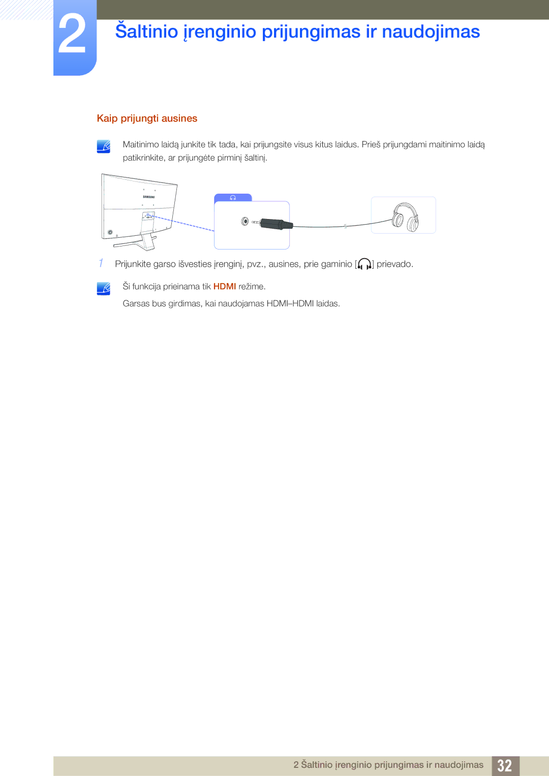 Samsung LS27E510CS/EN manual Kaip prijungti ausines 