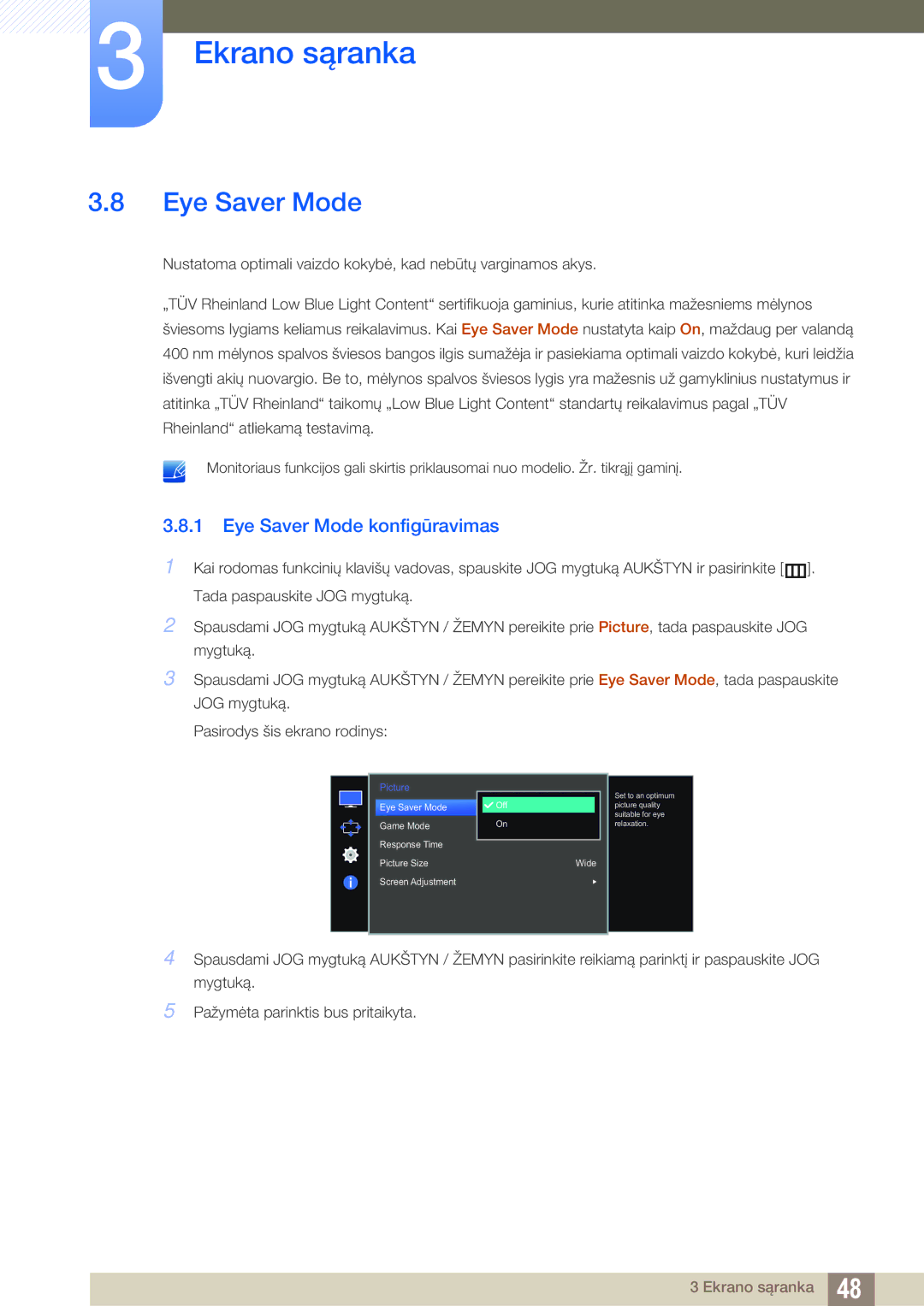 Samsung LS27E510CS/EN manual Eye Saver Mode konfigūravimas 