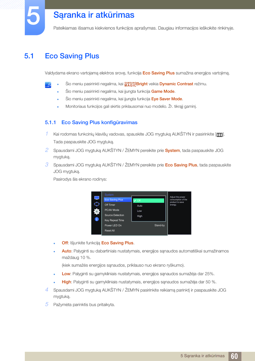 Samsung LS27E510CS/EN manual Sąranka ir atkūrimas, Eco Saving Plus konfigūravimas 