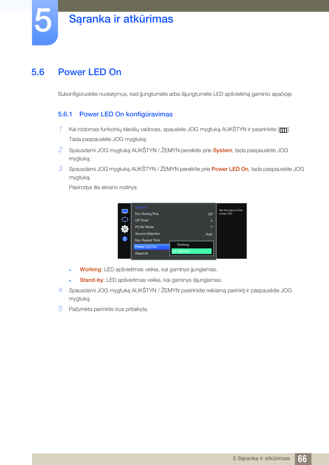 Samsung LS27E510CS/EN manual Power LED On konfigūravimas 