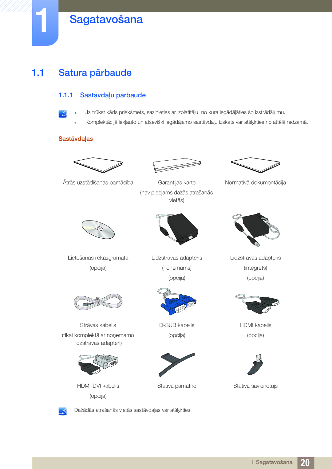 Samsung LS27E510CS/EN manual Sagatavošana, Satura pārbaude, Sastāvdaļu pārbaude, Sastāvdaļas 