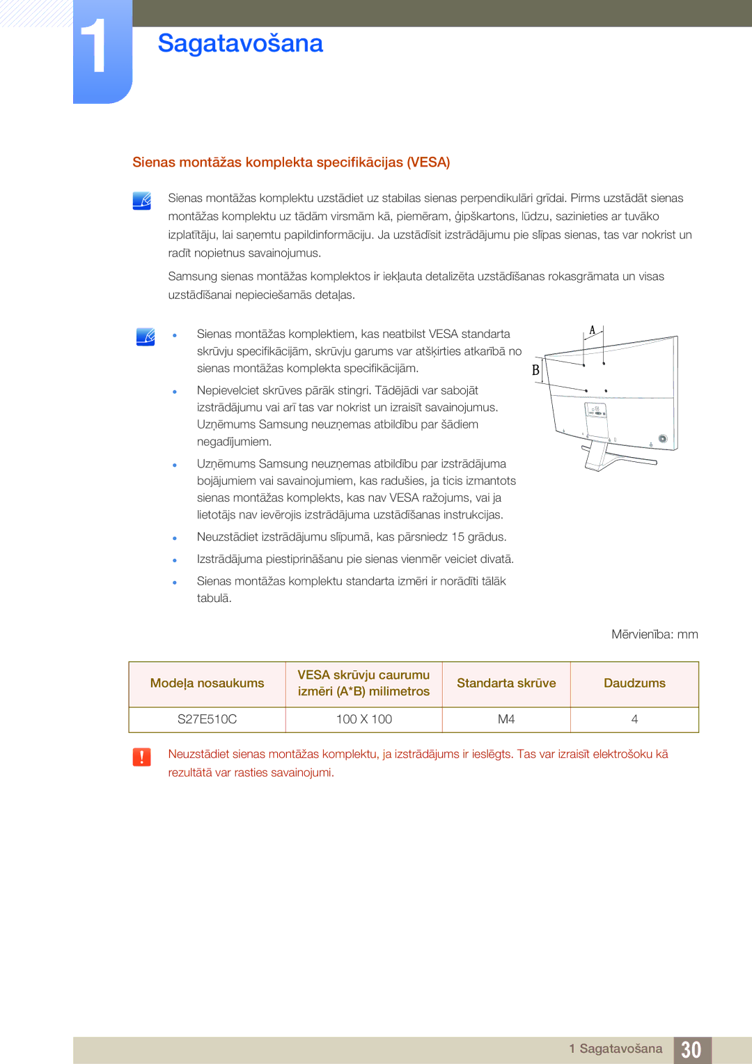 Samsung LS27E510CS/EN manual Sienas montāžas komplekta specifikācijas Vesa 