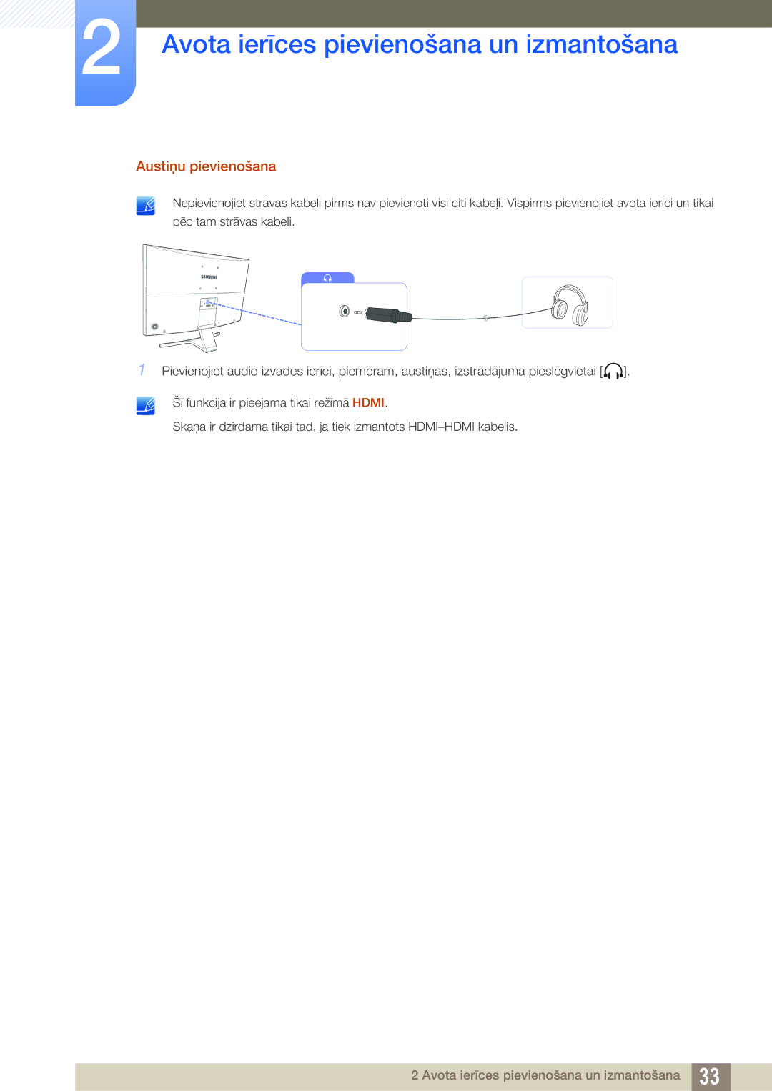 Samsung LS27E510CS/EN manual Austiņu pievienošana 