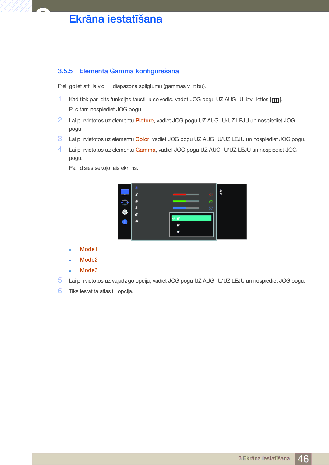 Samsung LS27E510CS/EN manual Elementa Gamma konfigurēšana,  Mode1  Mode2  Mode3 