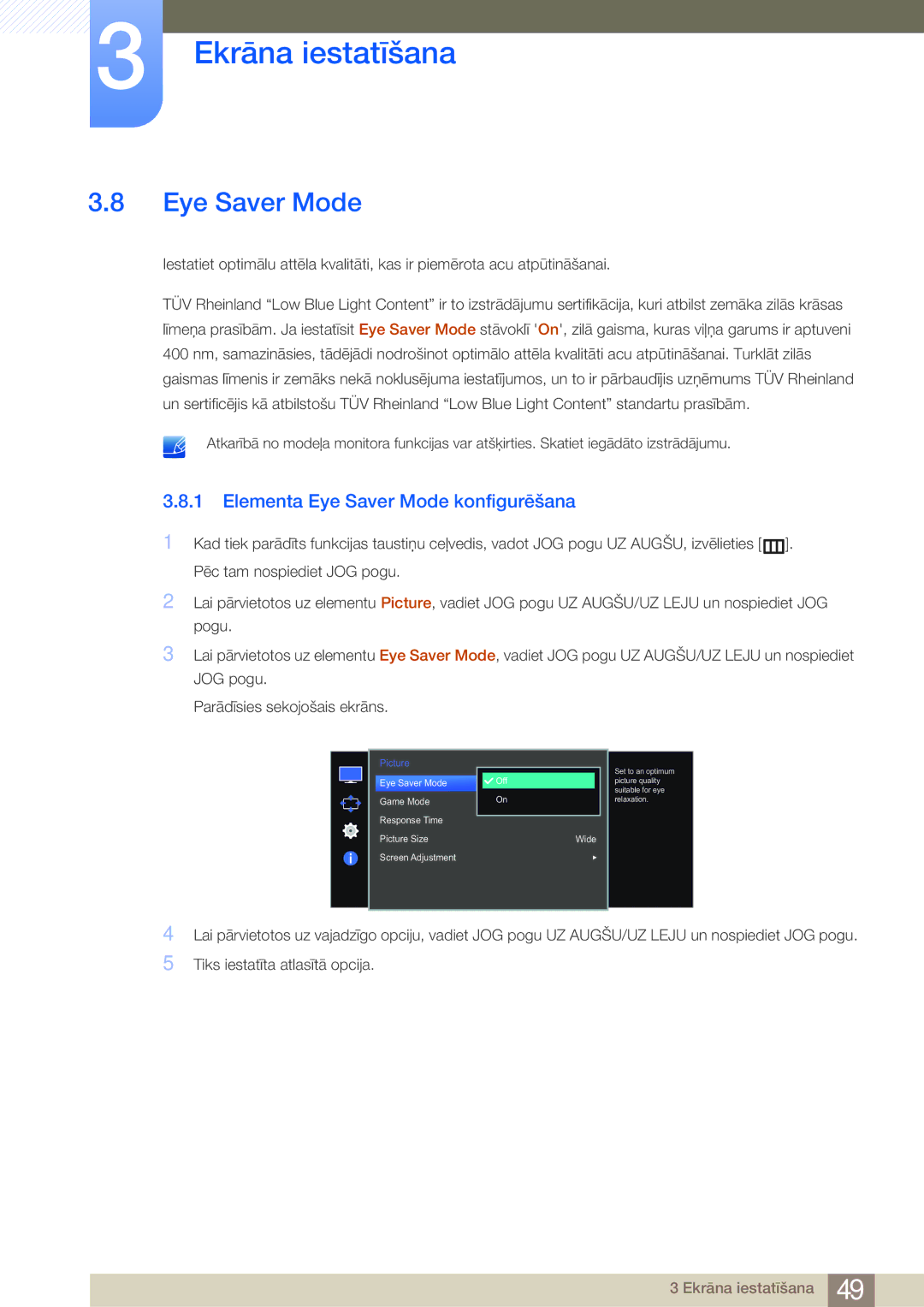 Samsung LS27E510CS/EN manual Elementa Eye Saver Mode konfigurēšana 