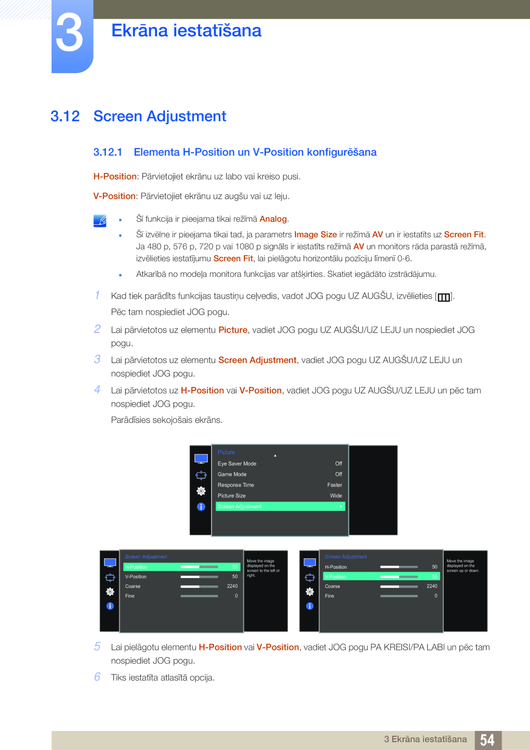 Samsung LS27E510CS/EN manual Screen Adjustment, Elementa H-Position un V-Position konfigurēšana 