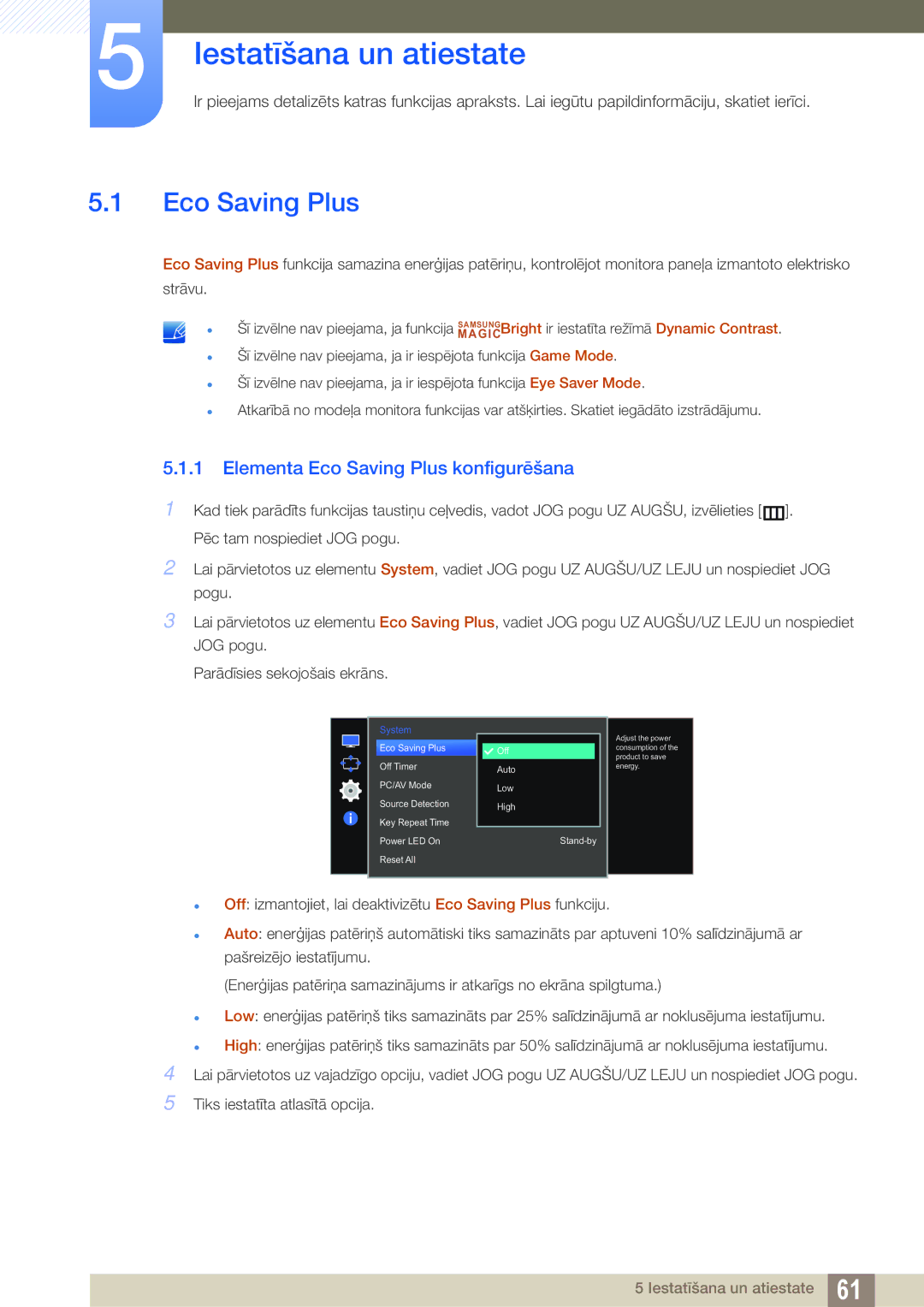 Samsung LS27E510CS/EN manual Iestatīšana un atiestate, Elementa Eco Saving Plus konfigurēšana 