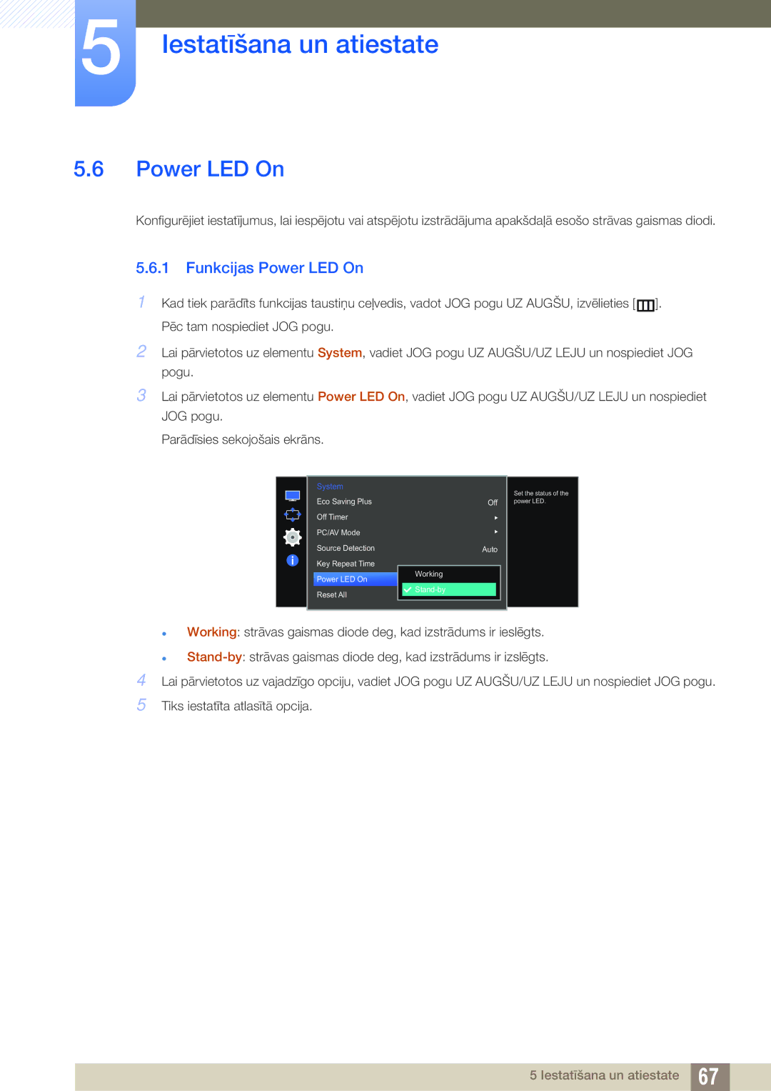 Samsung LS27E510CS/EN manual Funkcijas Power LED On 