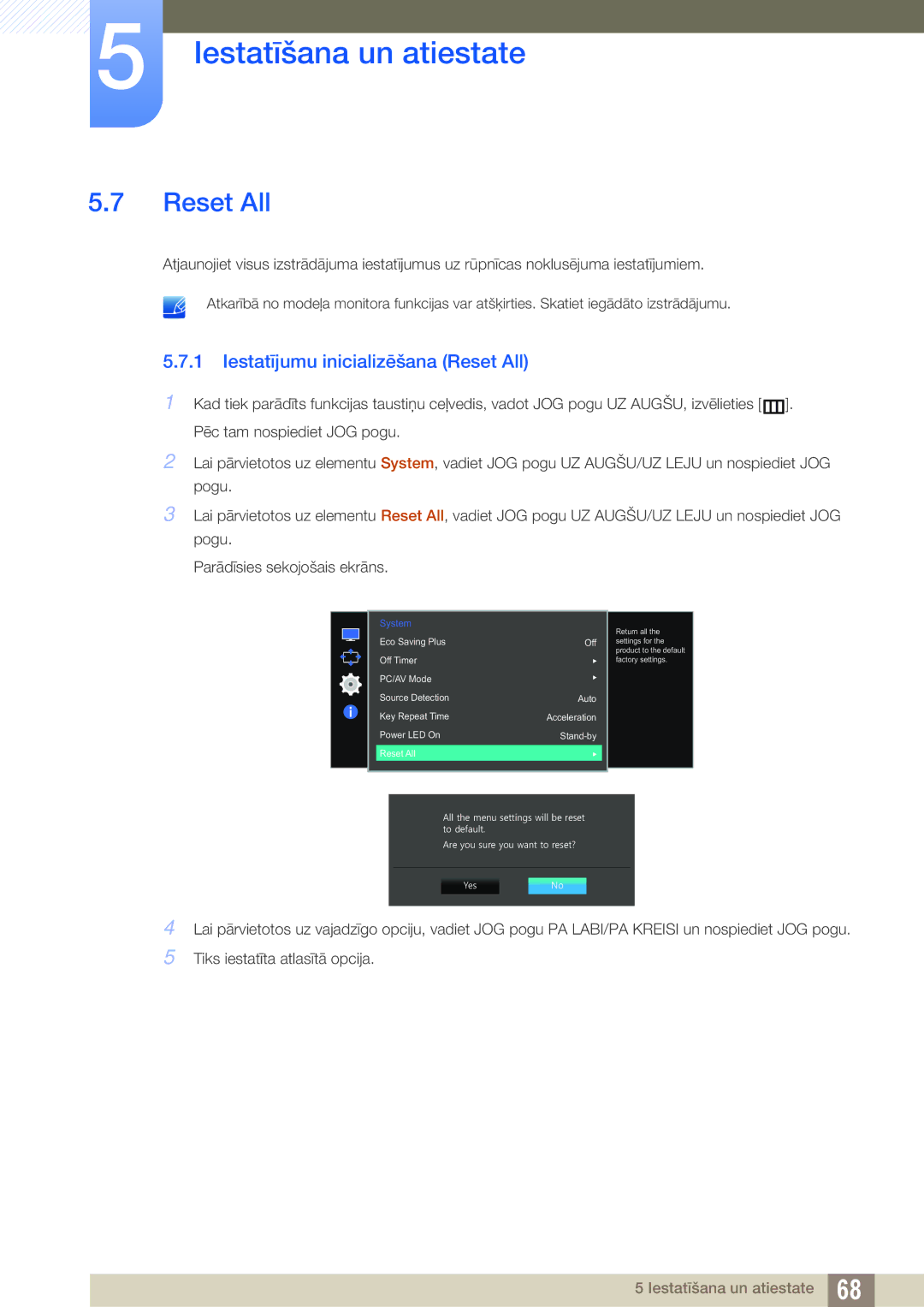 Samsung LS27E510CS/EN manual Iestatījumu inicializēšana Reset All 