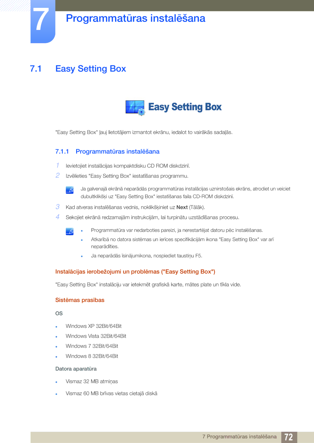 Samsung LS27E510CS/EN manual Programmatūras instalēšana, Easy Setting Box, Sistēmas prasības 