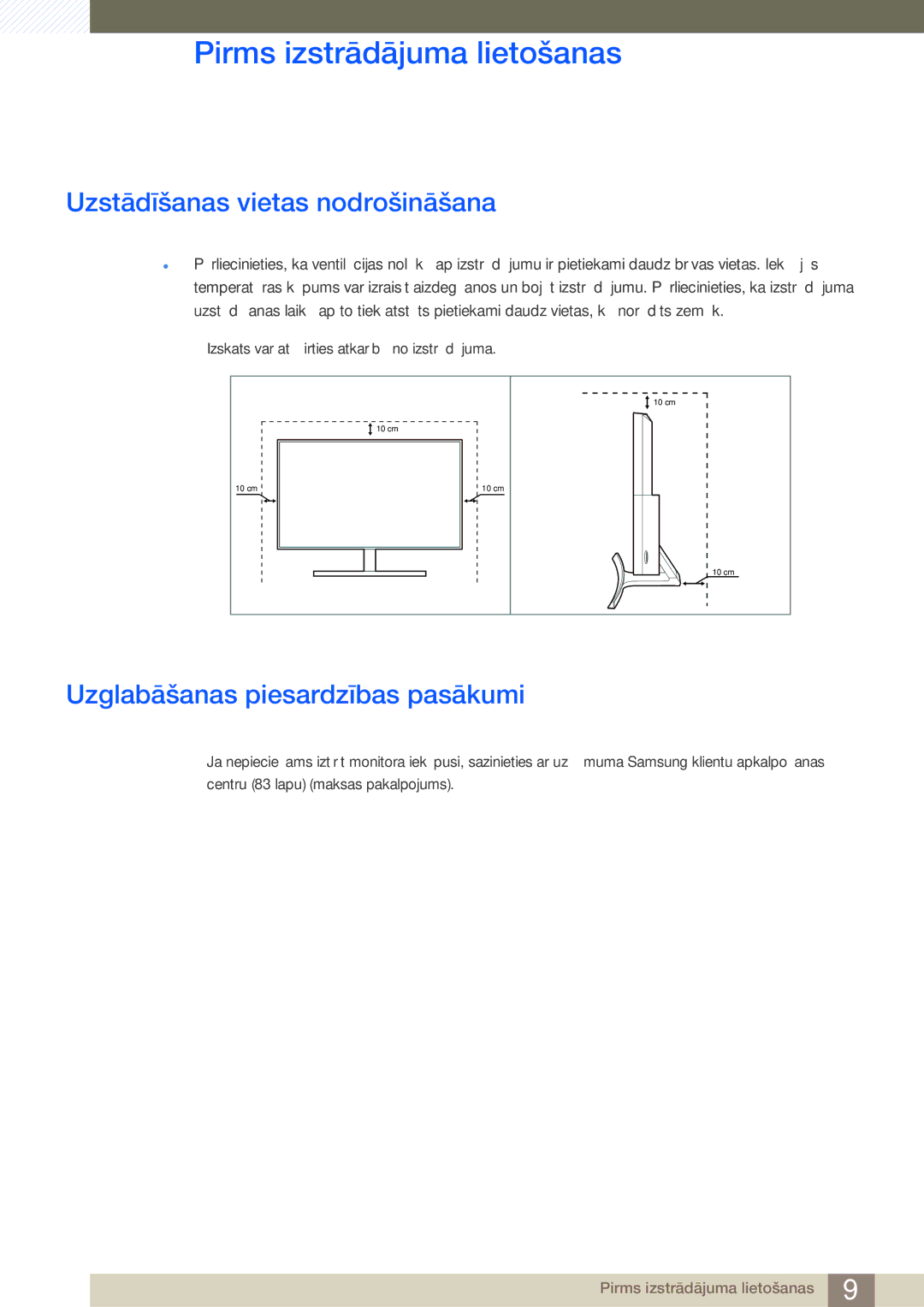 Samsung LS27E510CS/EN manual Uzstādīšanas vietas nodrošināšana, Uzglabāšanas piesardzības pasākumi 