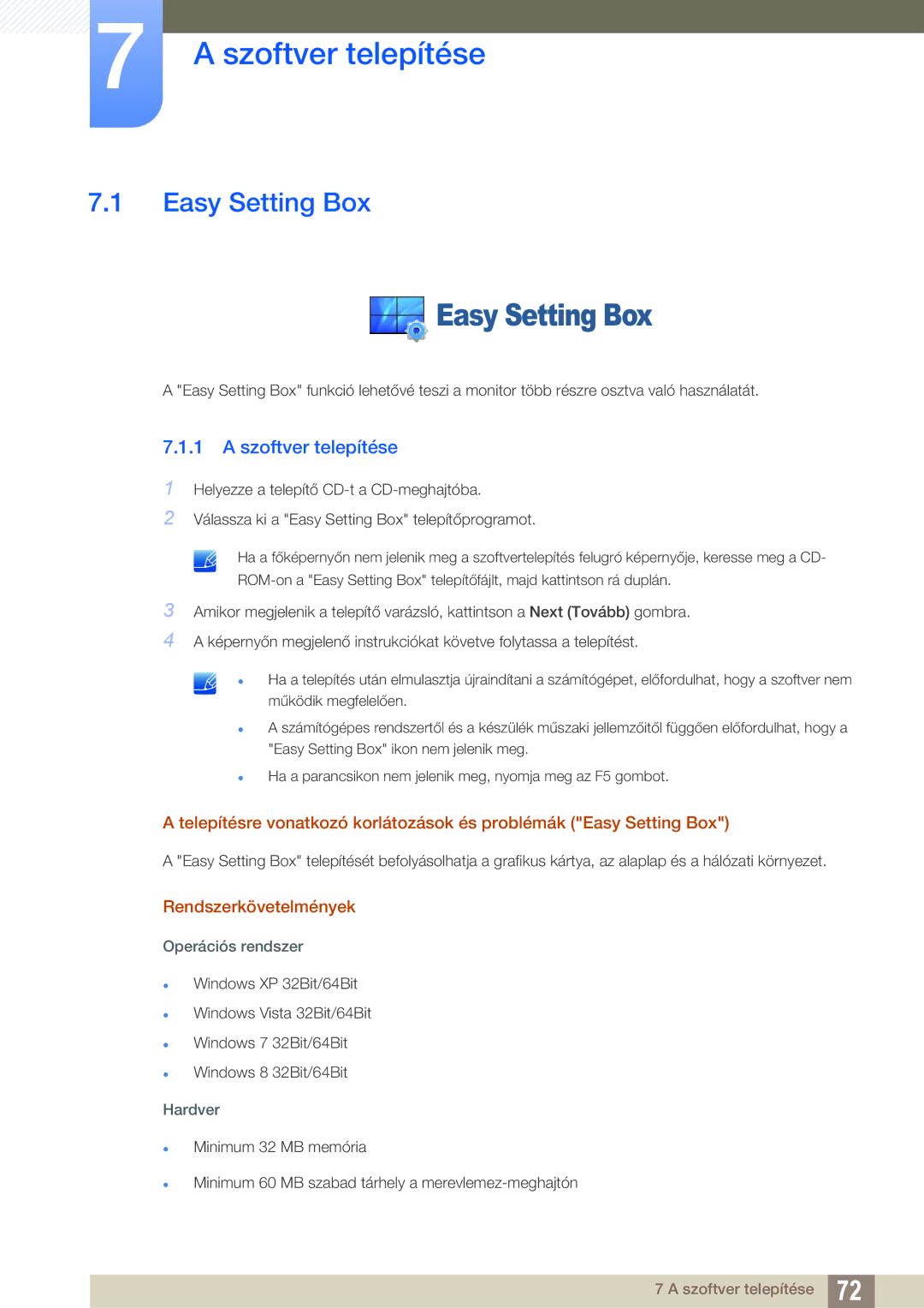 Samsung LS27E510CS/EN manual Szoftver telepítése, Easy Setting Box, Rendszerkövetelmények 