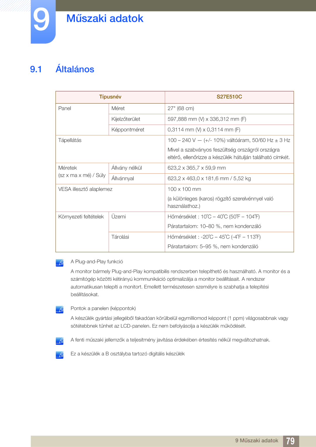 Samsung LS27E510CS/EN manual Műszaki adatok, Általános 