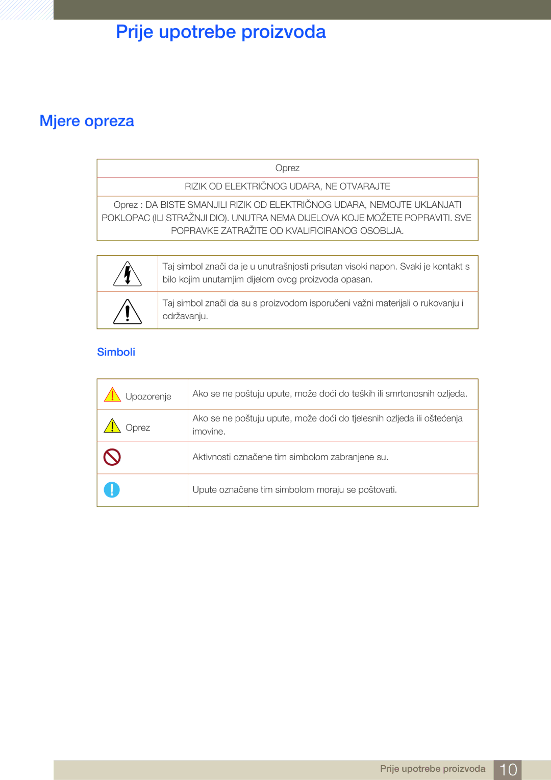 Samsung LS27E510CS/EN manual Mjere opreza, Simboli 