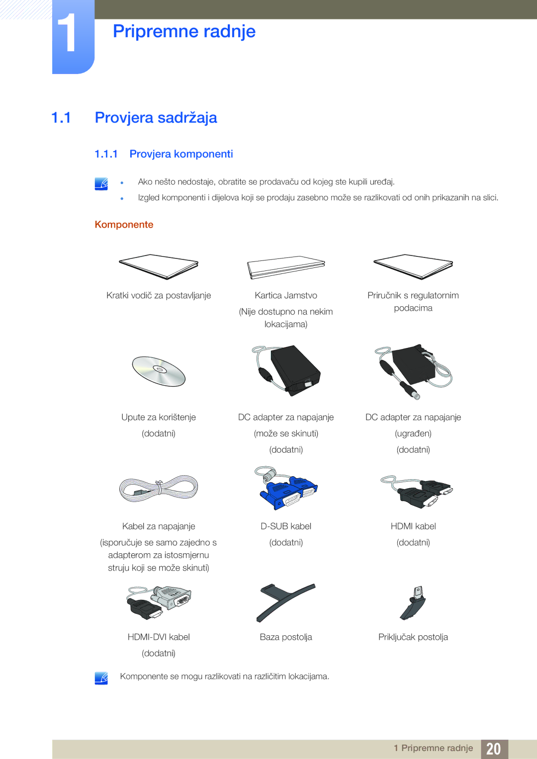 Samsung LS27E510CS/EN manual Pripremne radnje, Provjera sadržaja, Provjera komponenti, Komponente 