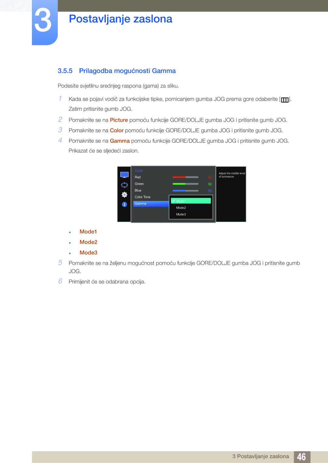 Samsung LS27E510CS/EN manual Prilagodba mogućnosti Gamma,  Mode1  Mode2  Mode3 