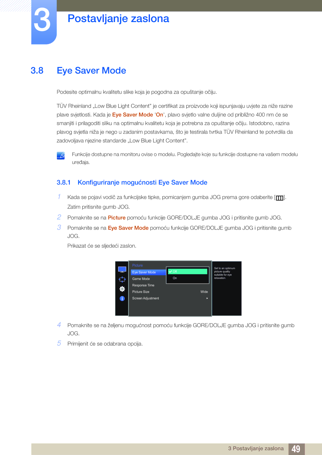 Samsung LS27E510CS/EN manual Konfiguriranje mogućnosti Eye Saver Mode 