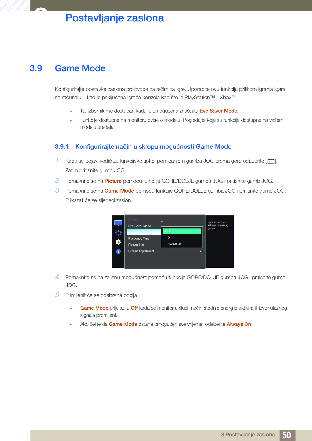 Samsung LS27E510CS/EN manual Konfigurirajte način u sklopu mogućnosti Game Mode 