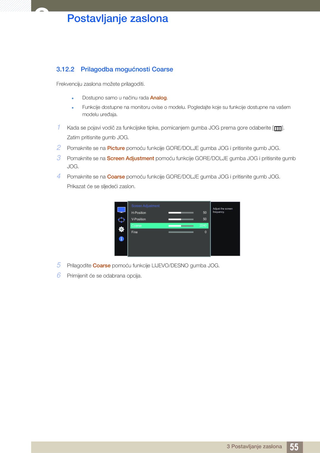 Samsung LS27E510CS/EN manual Prilagodba mogućnosti Coarse 