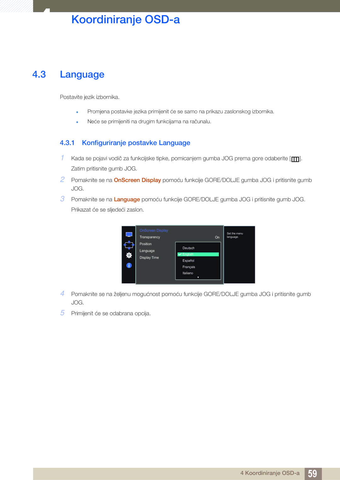 Samsung LS27E510CS/EN manual Konfiguriranje postavke Language 