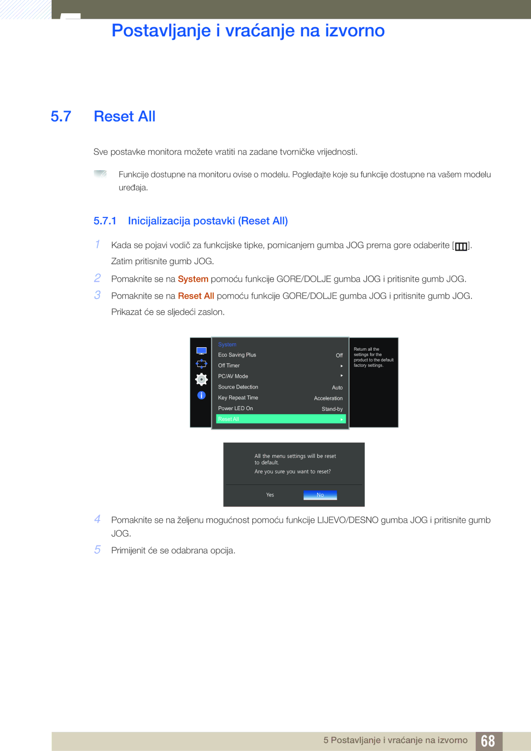 Samsung LS27E510CS/EN manual Inicijalizacija postavki Reset All 