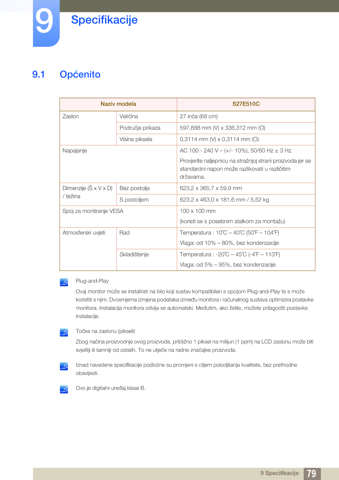 Samsung LS27E510CS/EN manual Specifikacije, Općenito 