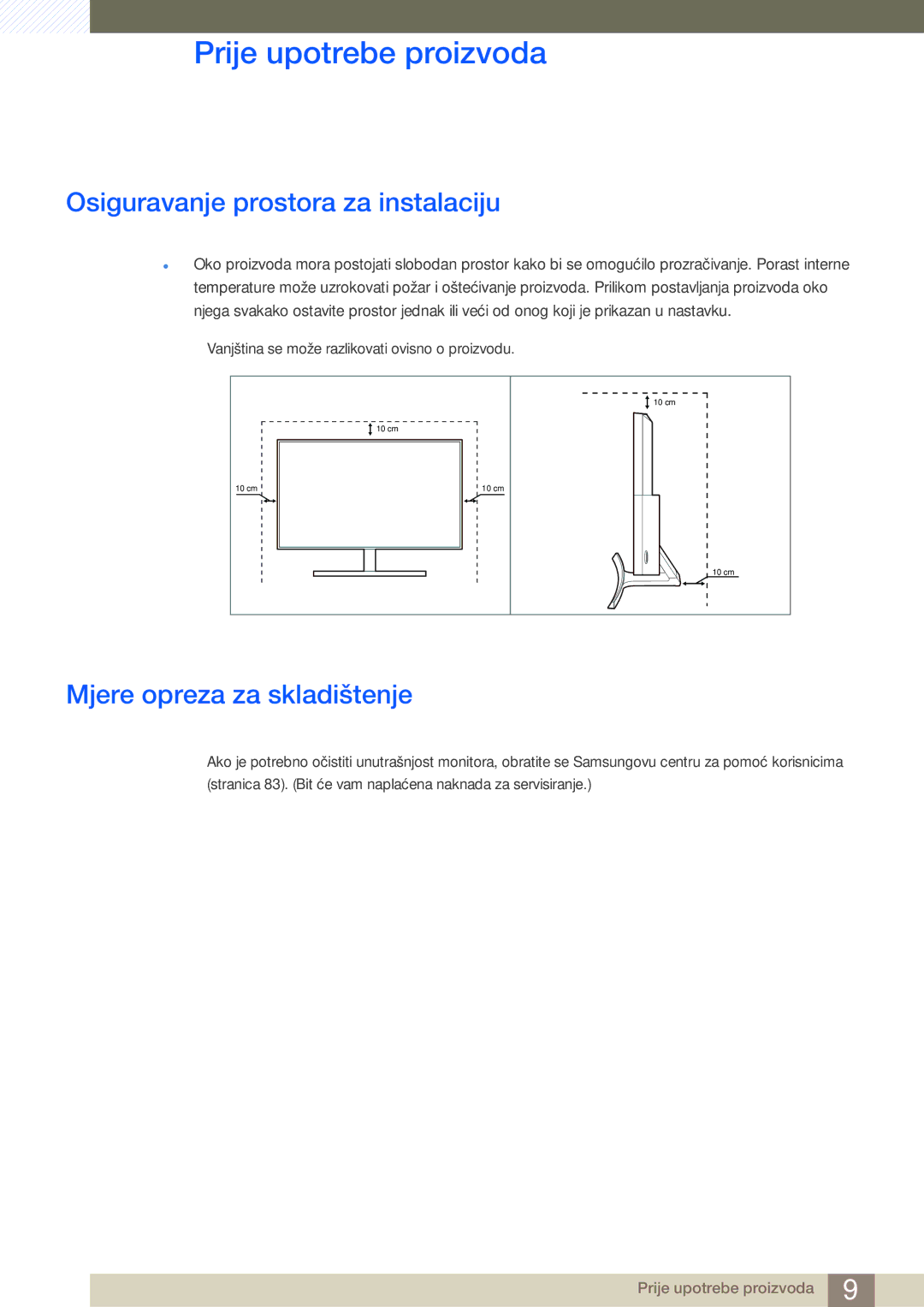 Samsung LS27E510CS/EN manual Osiguravanje prostora za instalaciju, Mjere opreza za skladištenje 