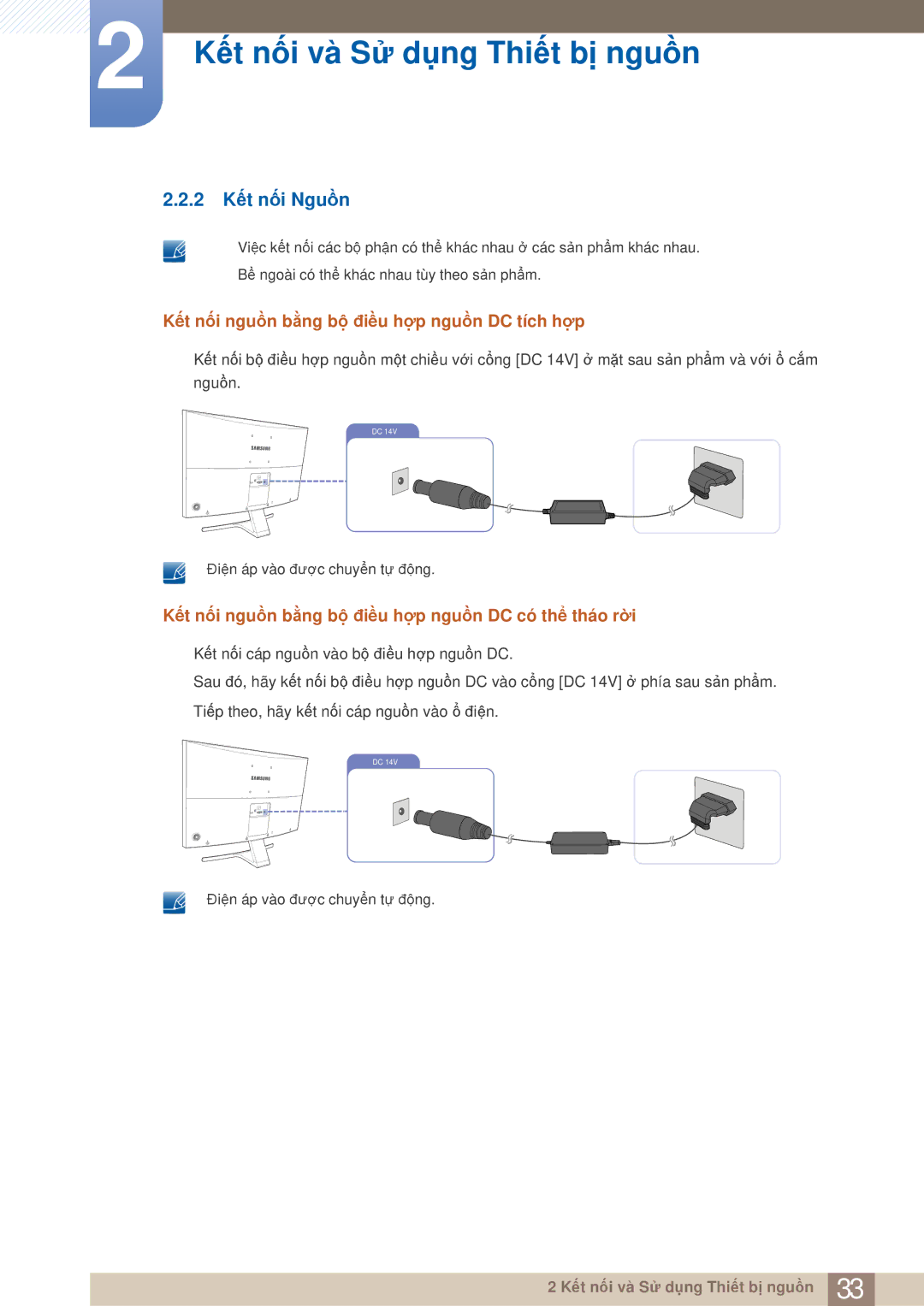 Samsung LS27E510CS/XV manual 2 Kết nối Nguồn, Kết nối nguồn bằng bộ điều hợp nguồn DC tích hợp 