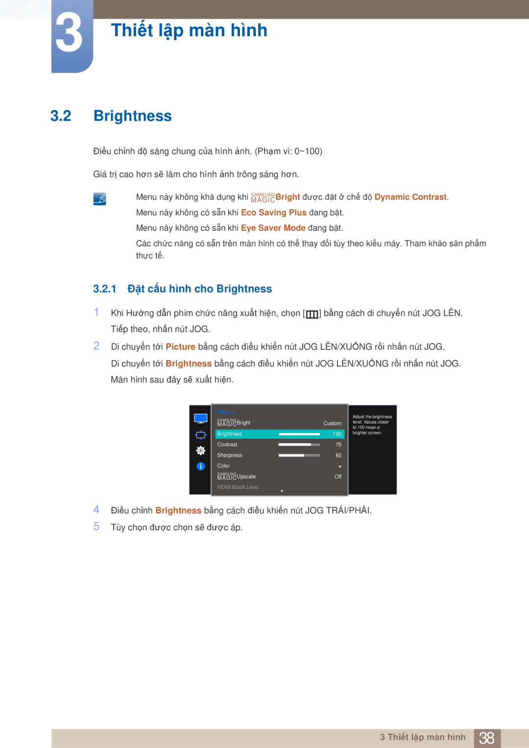 Samsung LS27E510CS/XV manual 1 Đặt cấu hình cho Brightness 