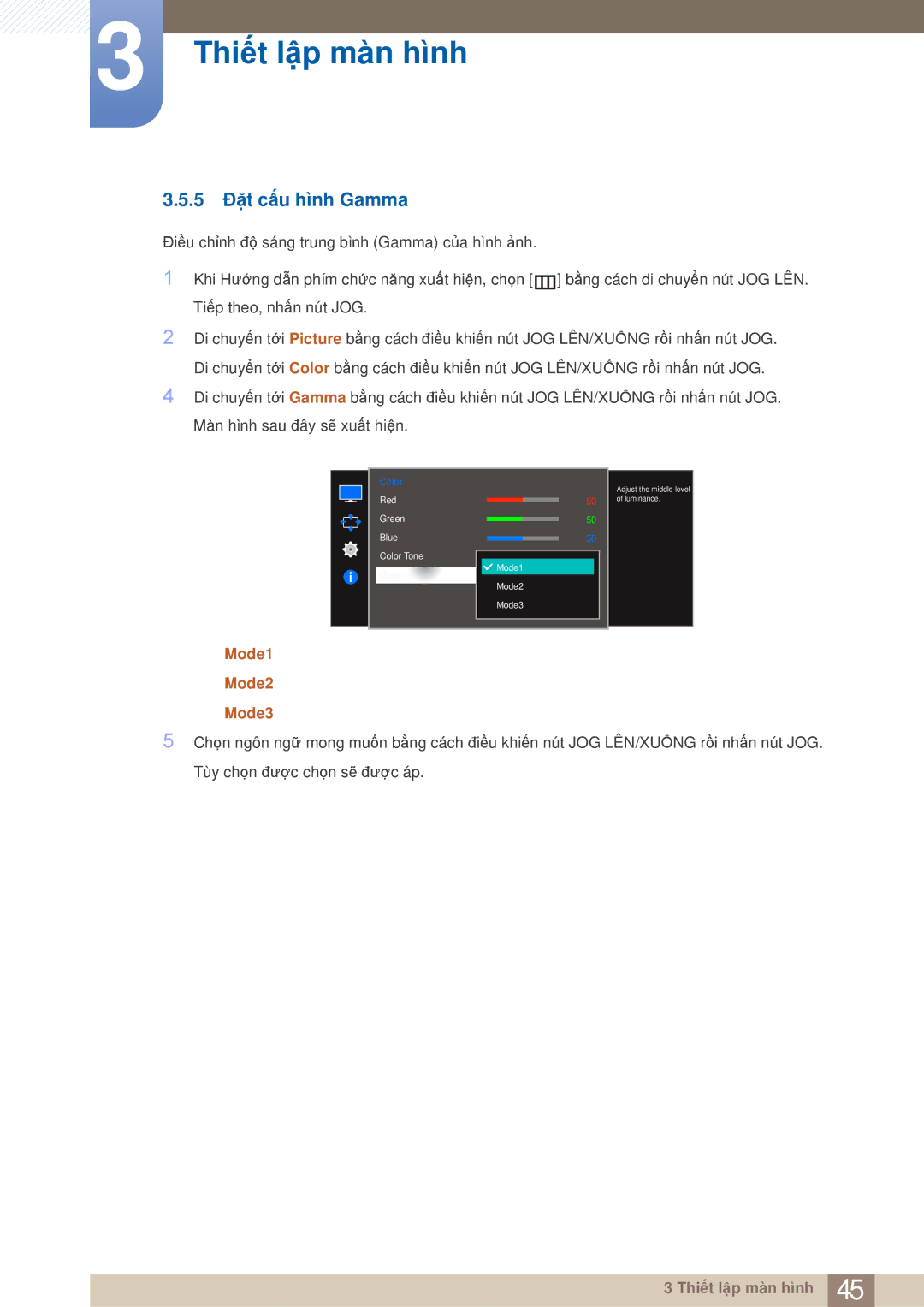 Samsung LS27E510CS/XV manual 5 Đặt cấu hình Gamma,  Mode1  Mode2  Mode3 