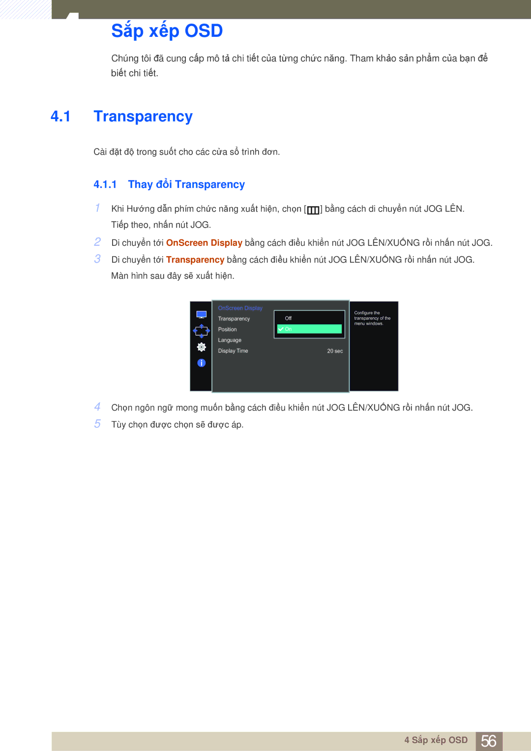 Samsung LS27E510CS/XV manual Sắp xếp OSD, Thay đổi Transparency 