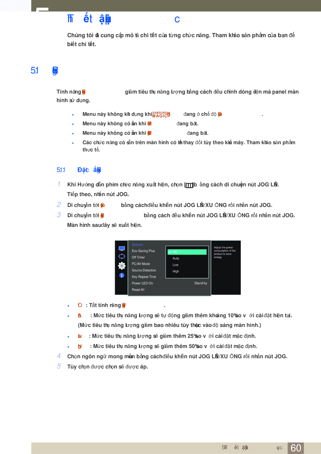 Samsung LS27E510CS/XV manual Thiết lập và khôi phục, 1 Đặt cấu hình Eco Saving Plus 