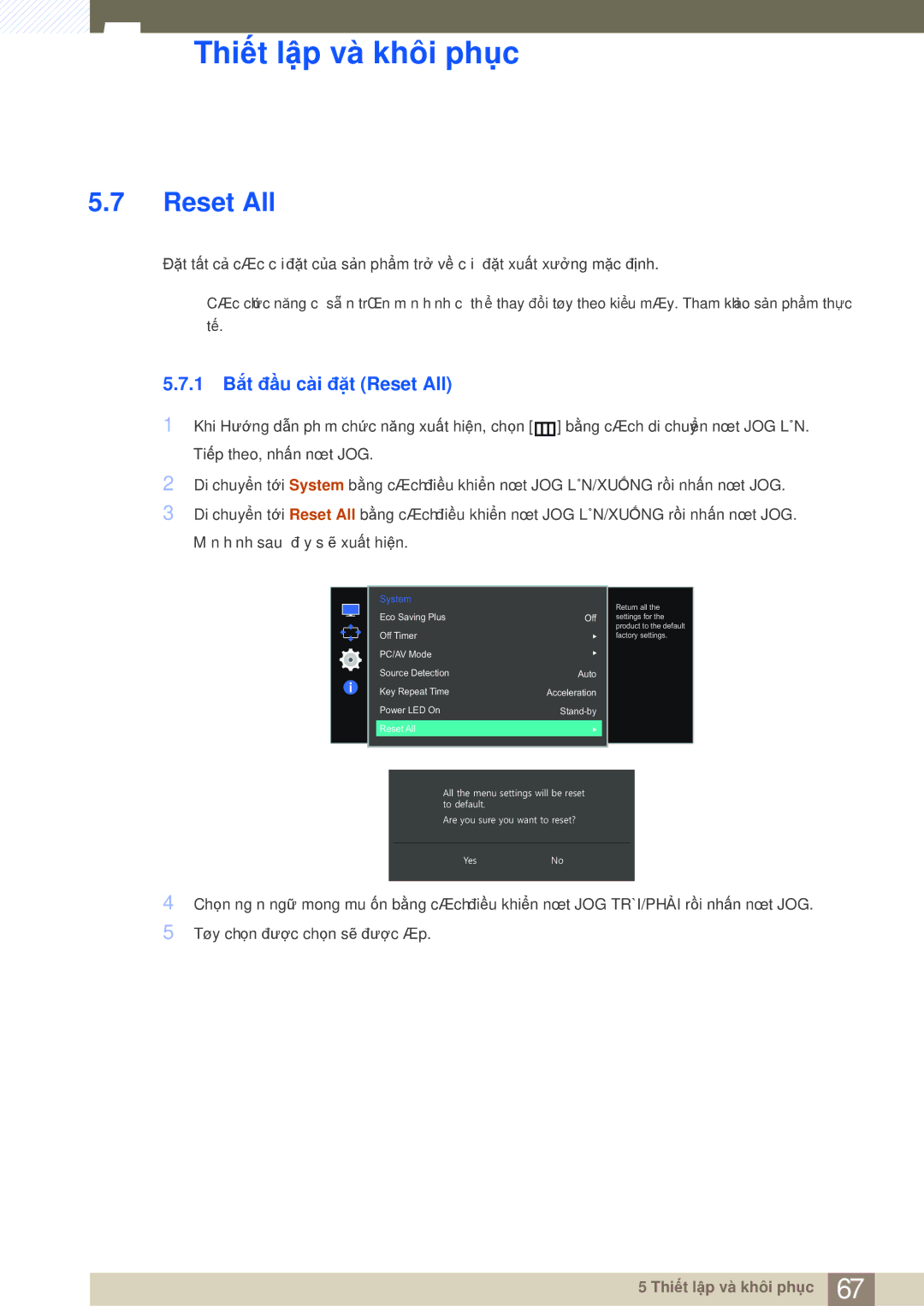 Samsung LS27E510CS/XV manual 1 Bắt đầu cài đặt Reset All 