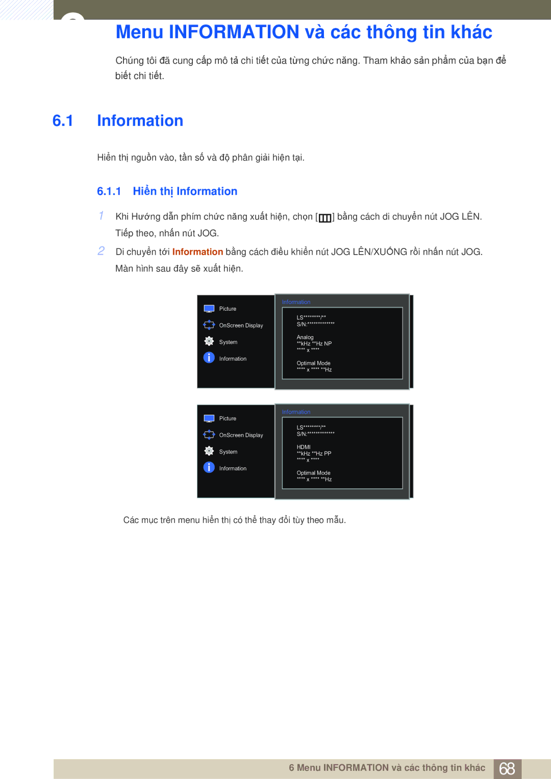 Samsung LS27E510CS/XV manual Menu Information và các thông tin khác, 1 Hiển thị Information 