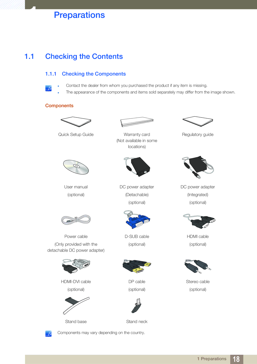 Samsung LS27E591CS/EN, LS27E591CS/XV, LS27E591CS/CI manual Preparations, Checking the Contents 