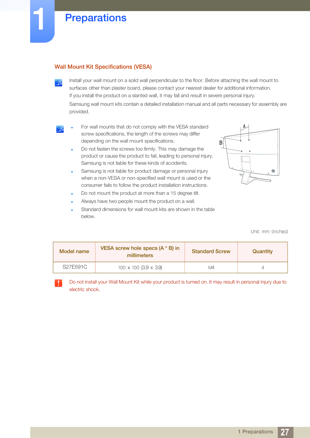 Samsung LS27E591CS/EN, LS27E591CS/XV, LS27E591CS/CI manual Wall Mount Kit Specifications Vesa 