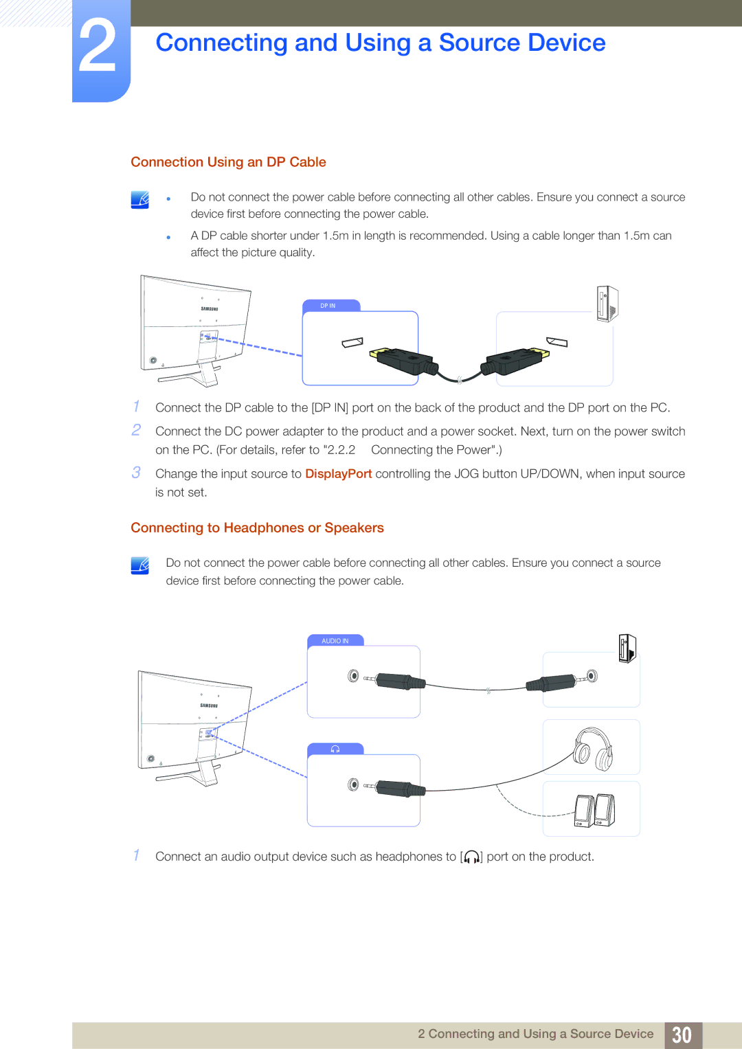 Samsung LS27E591CS/EN, LS27E591CS/XV, LS27E591CS/CI manual Connection Using an DP Cable, Connecting to Headphones or Speakers 