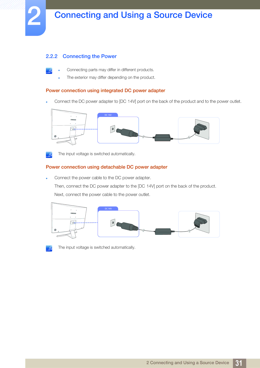 Samsung LS27E591CS/XV, LS27E591CS/EN manual Connecting the Power, Power connection using integrated DC power adapter 