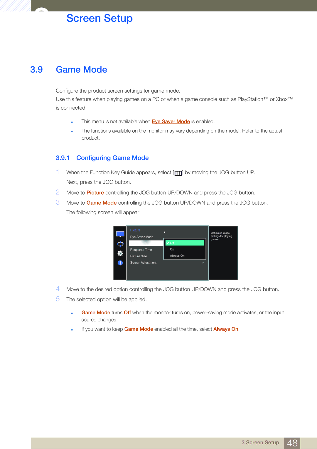 Samsung LS27E591CS/EN, LS27E591CS/XV, LS27E591CS/CI manual Configuring Game Mode 